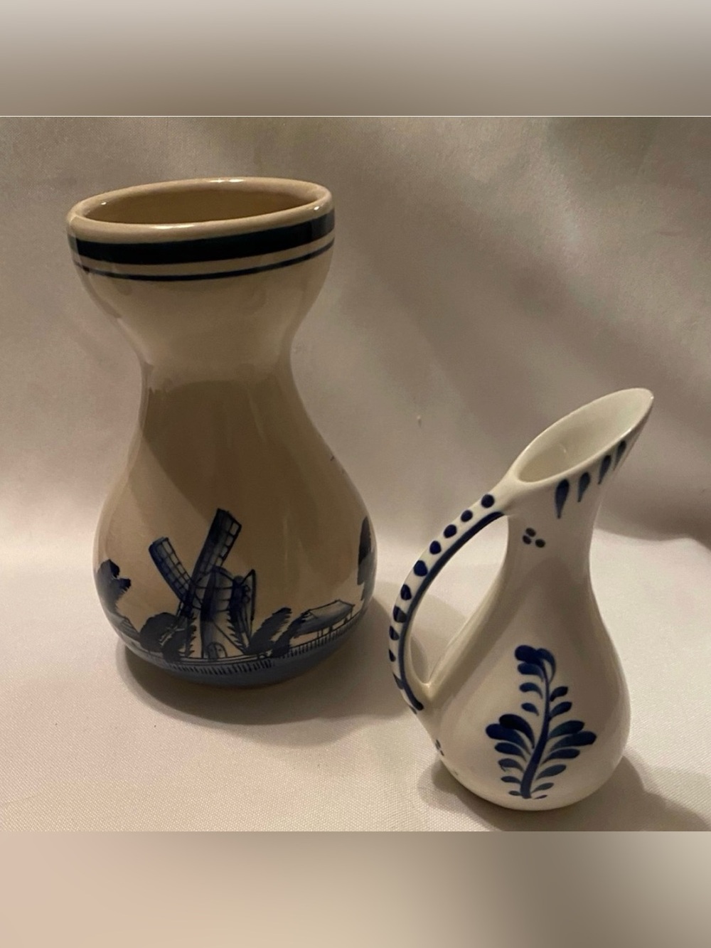 Delft Pitcher and Delft Vase Vintage Lot of 2